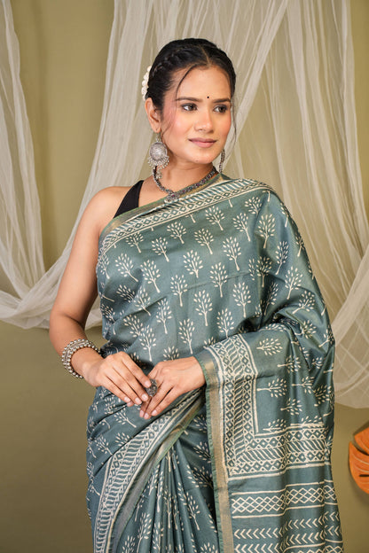 Anuttara Bhagalpuri Teal Green Cotton Silk Floral, Paisley Saree with Unstitched Blouse_AFS1391-FS