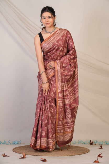 Anuttara Bhagalpuri Brown Cotton Silk Floral, Paisley Saree with Unstitched Blouse_AFS1392-FS