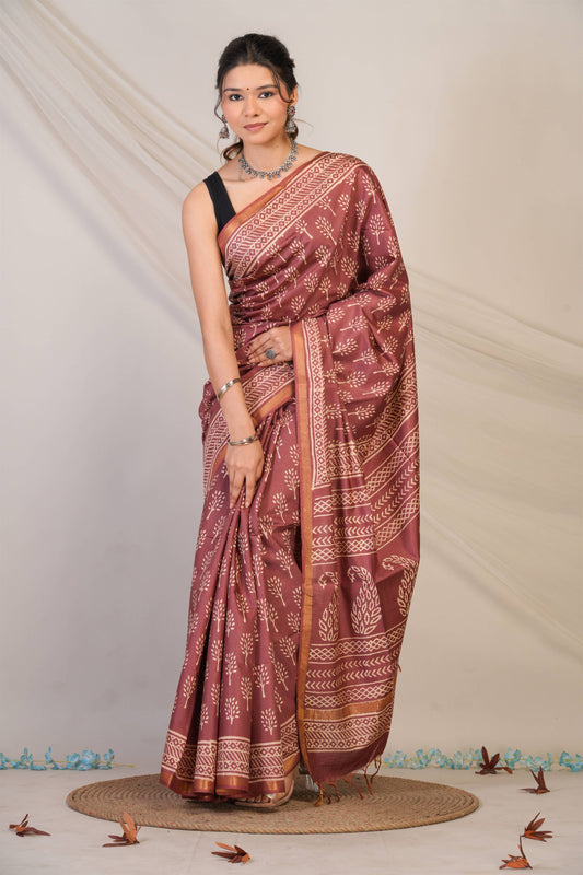 Anuttara Bhagalpuri Brown Cotton Silk Floral, Paisley Saree with Unstitched Blouse_AFS1392-FS
