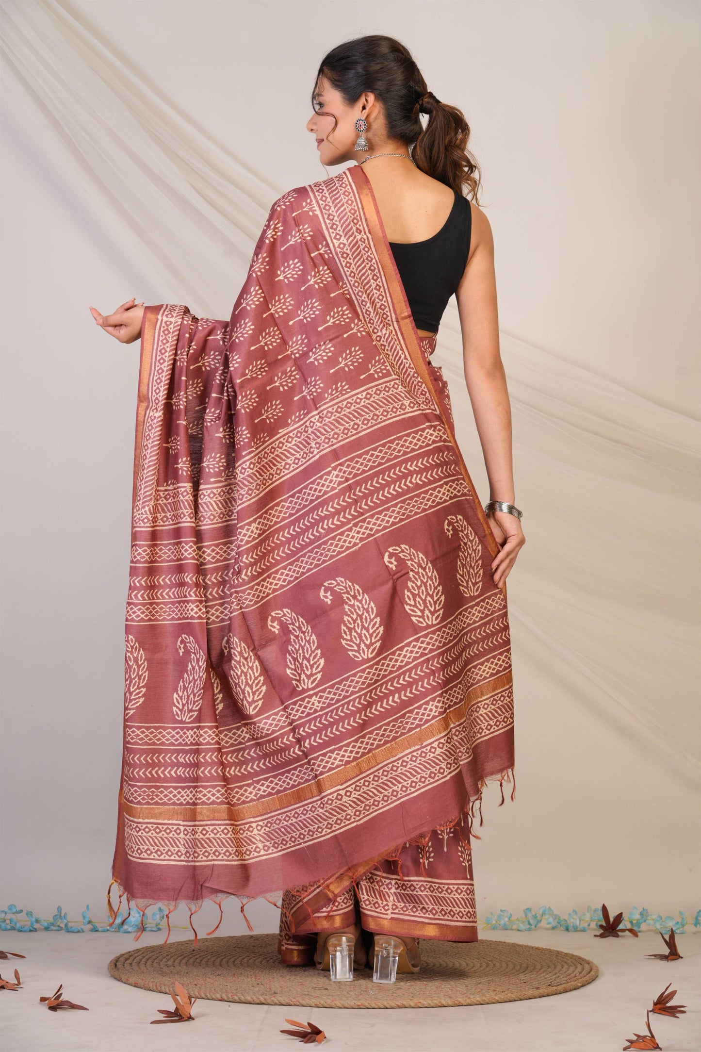 Anuttara Bhagalpuri Brown Cotton Silk Floral, Paisley Saree with Unstitched Blouse_AFS1392-FS