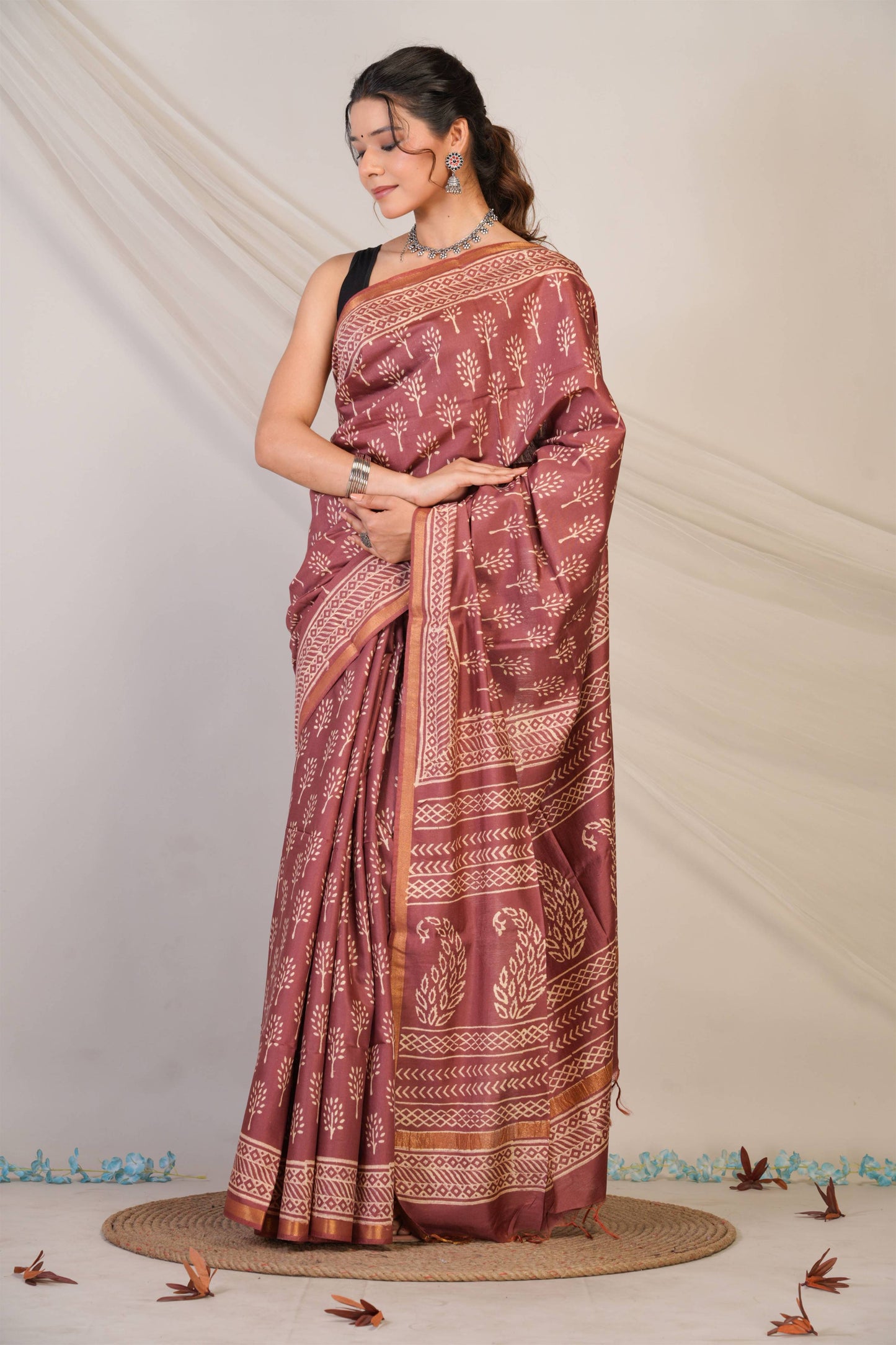Anuttara Bhagalpuri Brown Cotton Silk Floral, Paisley Saree with Unstitched Blouse_AFS1392-FS