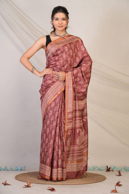 Anuttara Bhagalpuri Brown Cotton Silk Floral, Paisley Saree with Unstitched Blouse_AFS1392-FS