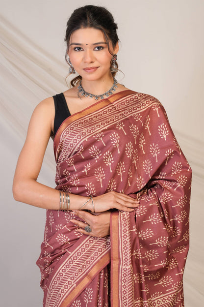 Anuttara Bhagalpuri Brown Cotton Silk Floral, Paisley Saree with Unstitched Blouse_AFS1392-FS