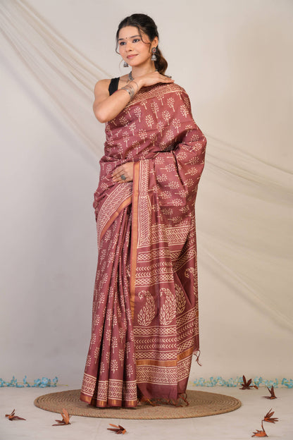 Anuttara Bhagalpuri Brown Cotton Silk Floral, Paisley Saree with Unstitched Blouse_AFS1392-FS