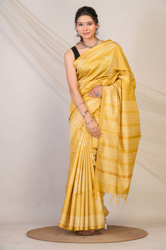 Anuttara Bhagalpuri Olive Green Cotton Silk Animal (Peacock Print) Saree with Unstitched Blouse_AFS1393-FS