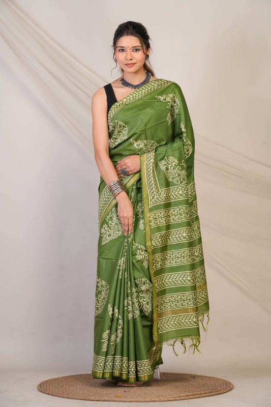 Anuttara Bhagalpuri Green Cotton Silk Animal (Peacock Print) Saree with Unstitched Blouse_AFS1394-FS