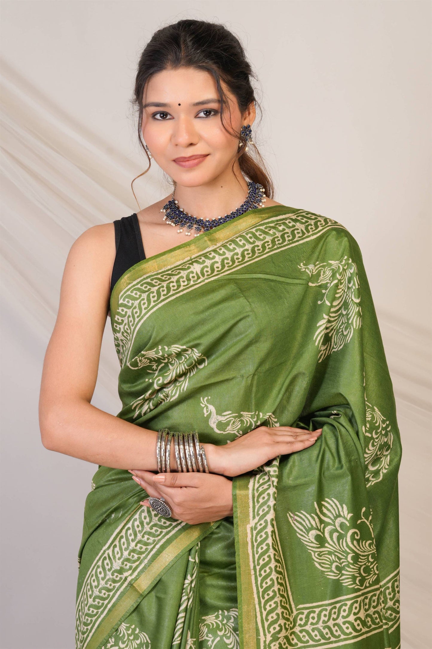 Anuttara Bhagalpuri Green Cotton Silk Animal (Peacock Print) Saree with Unstitched Blouse_AFS1394-FS