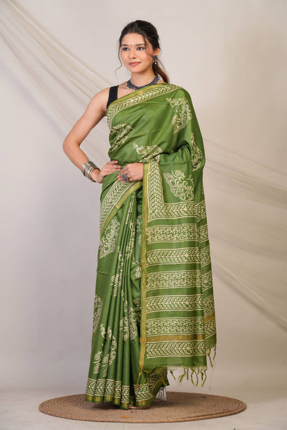 Anuttara Bhagalpuri Green Cotton Silk Animal (Peacock Print) Saree with Unstitched Blouse_AFS1394-FS