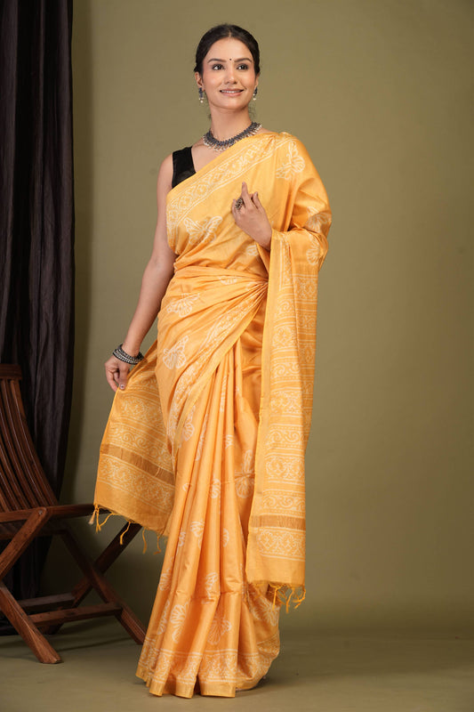 Anuttara Bhagalpuri Yellow Cotton Silk Animal (Butterfly Print) Saree with Unstitched Blouse_AFS1395-FS
