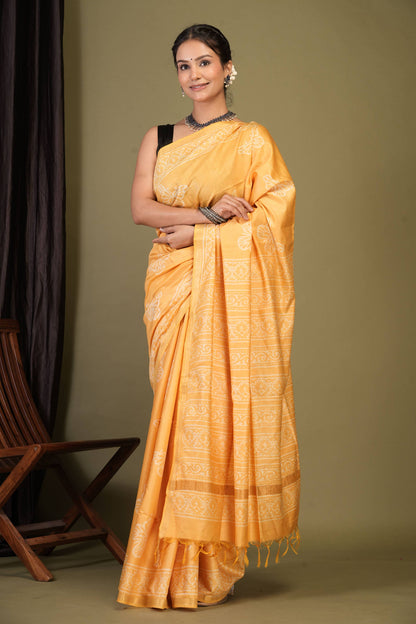 Anuttara Bhagalpuri Yellow Cotton Silk Animal (Butterfly Print) Saree with Unstitched Blouse_AFS1395-FS