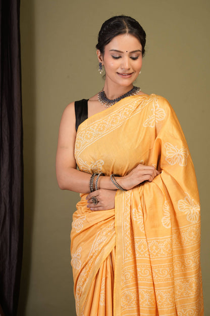 Anuttara Bhagalpuri Yellow Cotton Silk Animal (Butterfly Print) Saree with Unstitched Blouse_AFS1395-FS
