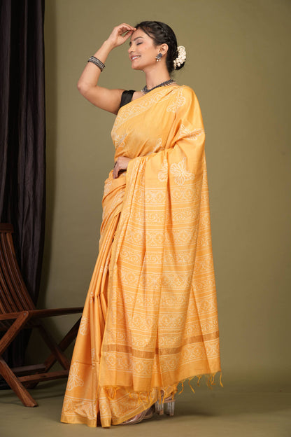 Anuttara Bhagalpuri Yellow Cotton Silk Animal (Butterfly Print) Saree with Unstitched Blouse_AFS1395-FS