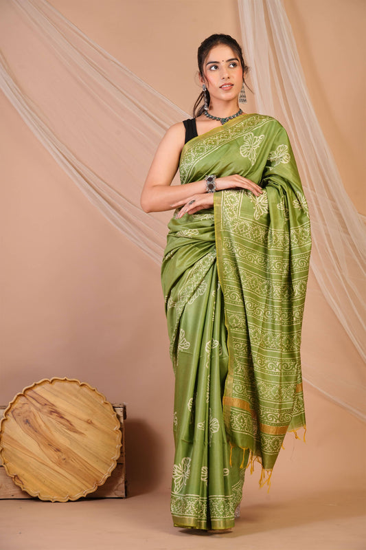 Anuttara Bhagalpuri Green Cotton Silk Animal (Butterfly Print) Saree with Unstitched Blouse_AFS1396-FS