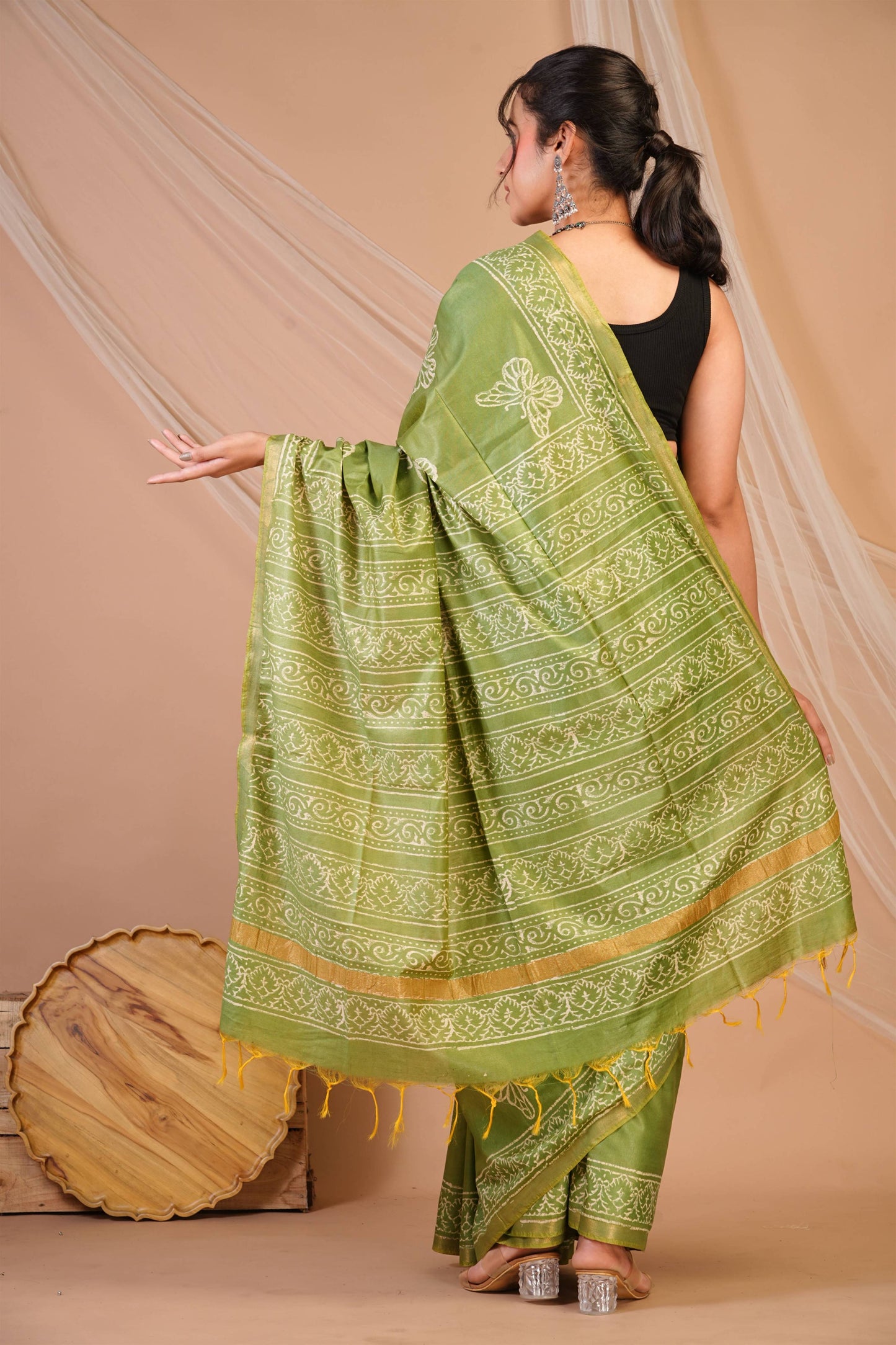 Anuttara Bhagalpuri Green Cotton Silk Animal (Butterfly Print) Saree with Unstitched Blouse_AFS1396-FS