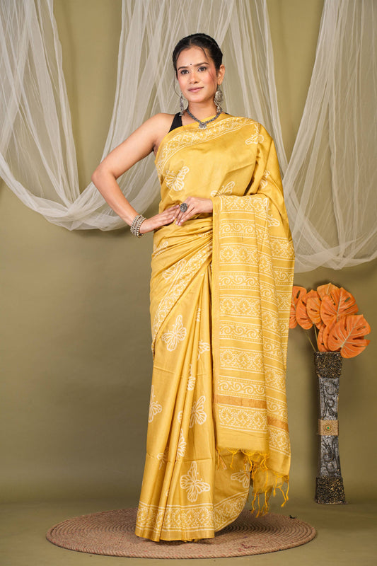 Anuttara Bhagalpuri Olive Green Cotton Silk Animal (Butterfly Print) Saree with Unstitched Blouse_AFS1397-FS