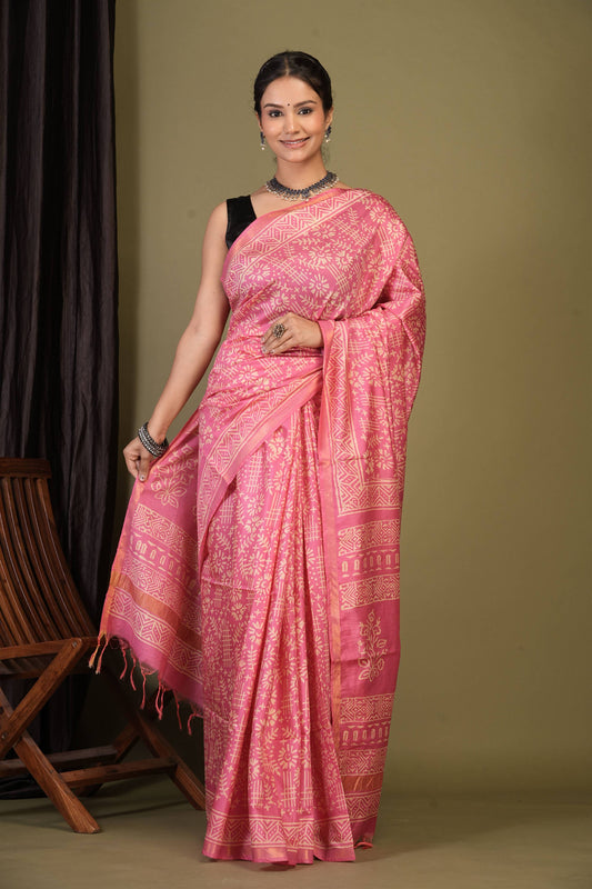 Anuttara Bhagalpuri Light Pink Cotton Silk Tribal Print Saree with Unstitched Blouse_AFS1398-FS