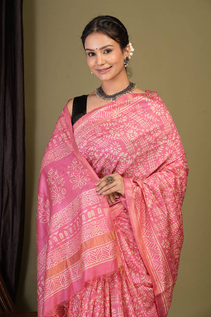 Anuttara Bhagalpuri Light Pink Cotton Silk Tribal Print Saree with Unstitched Blouse_AFS1398-FS
