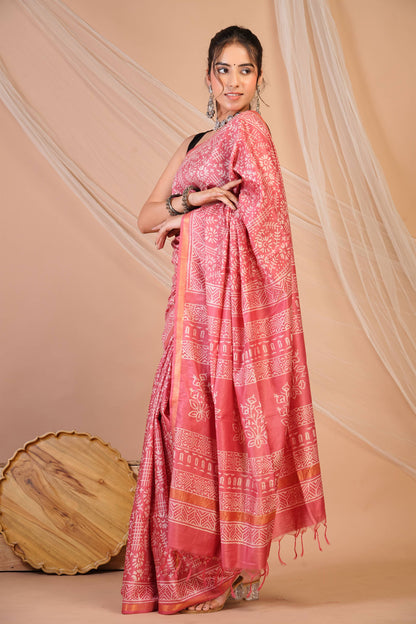 Anuttara Bhagalpuri Rouge Pink Cotton Silk Tribal Print Saree with Unstitched Blouse_AFS1399-FS