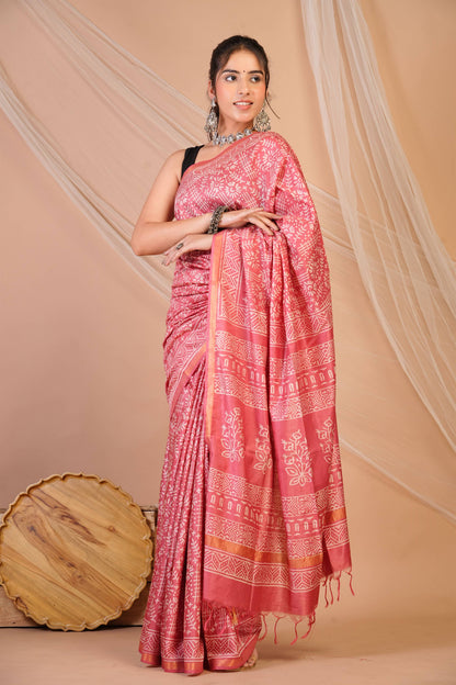 Anuttara Bhagalpuri Rouge Pink Cotton Silk Tribal Print Saree with Unstitched Blouse_AFS1399-FS