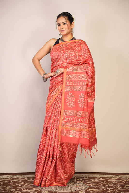 Anuttara Bhagalpuri Red Cotton Silk Tribal Print Saree with Unstitched Blouse_AFS1400-FS
