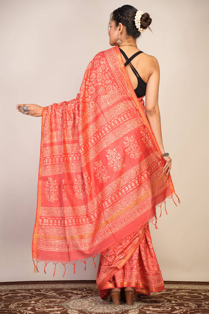Anuttara Bhagalpuri Red Cotton Silk Tribal Print Saree with Unstitched Blouse_AFS1400-FS