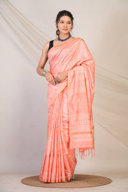 Anuttara Bhagalpuri Peach Cotton Silk Tribal Print Saree with Unstitched Blouse_AFS1401-FS