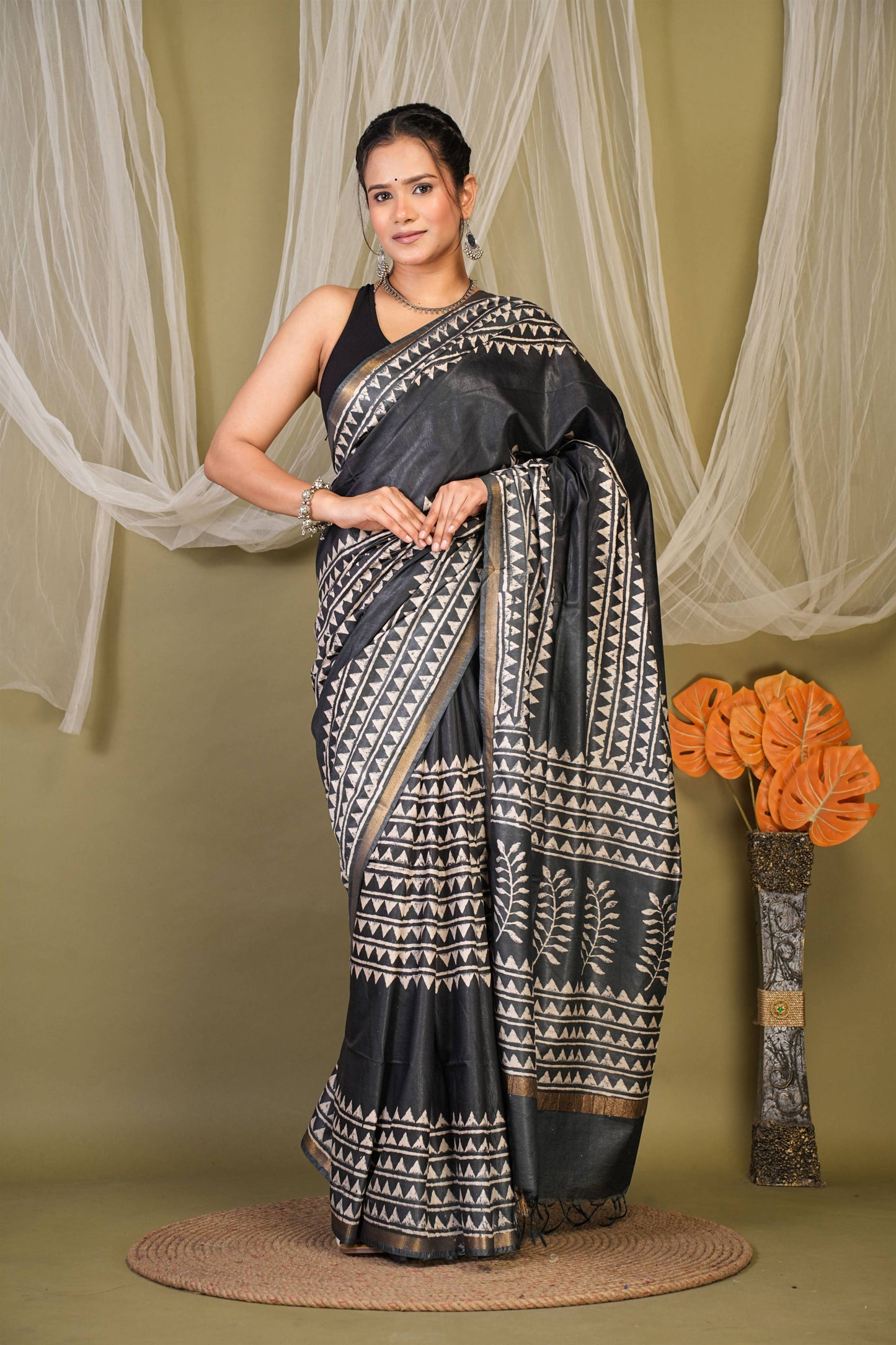 Anuttara Bhagalpuri Black Cotton Silk Geometric Saree with Unstitched Blouse_AFS1402-FS