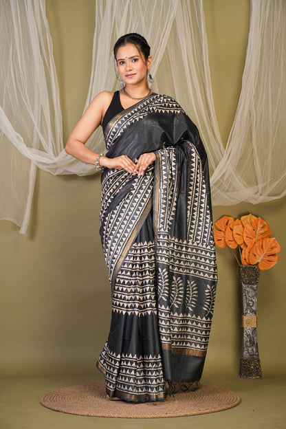 Anuttara Bhagalpuri Black Cotton Silk Geometric Saree with Unstitched Blouse_AFS1402-FS