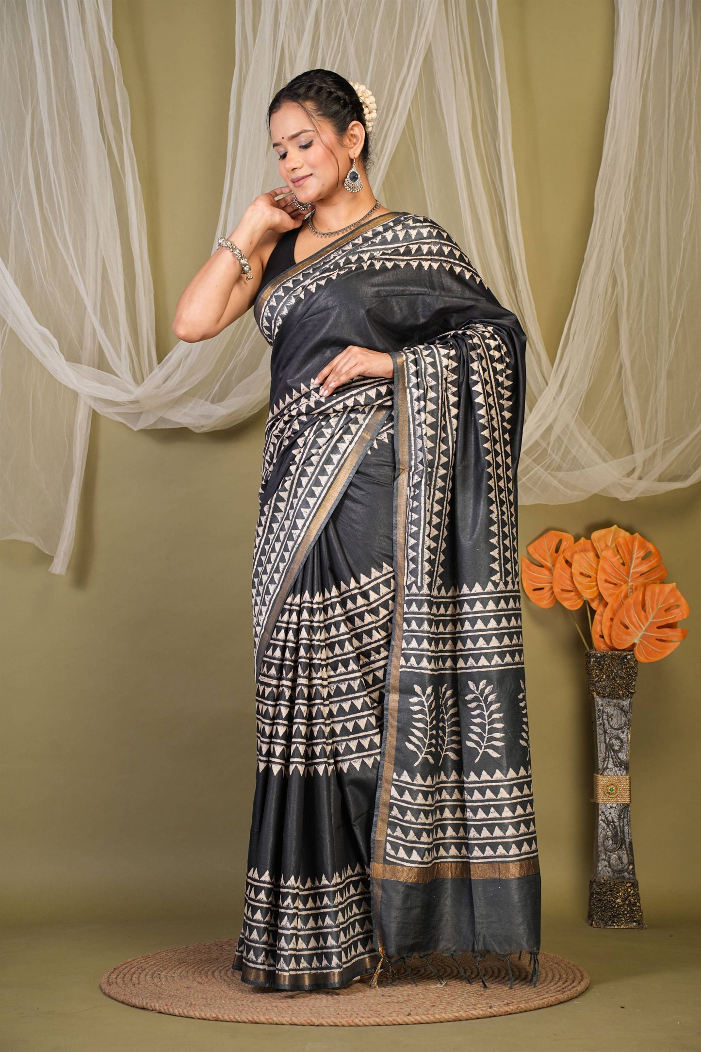 Anuttara Bhagalpuri Black Cotton Silk Geometric Saree with Unstitched Blouse_AFS1402-FS
