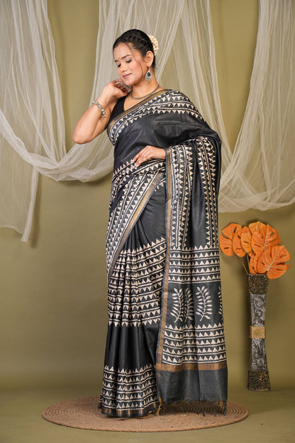 Anuttara Bhagalpuri Black Cotton Silk Geometric Saree with Unstitched Blouse_AFS1402-FS