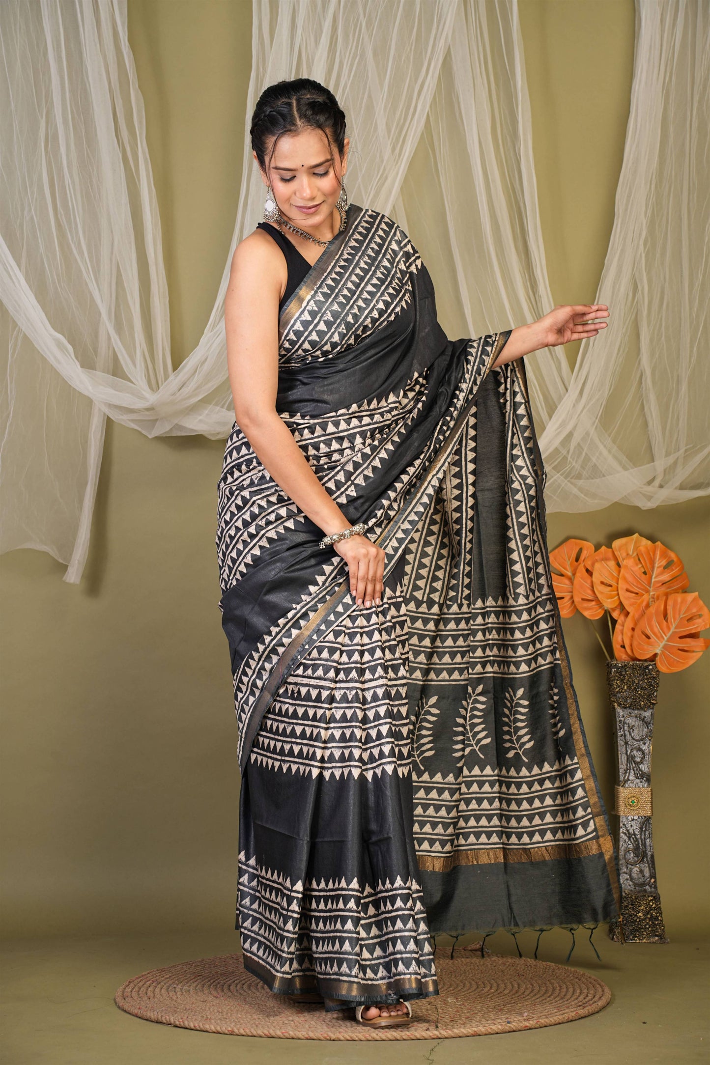 Anuttara Bhagalpuri Black Cotton Silk Geometric Saree with Unstitched Blouse_AFS1402-FS