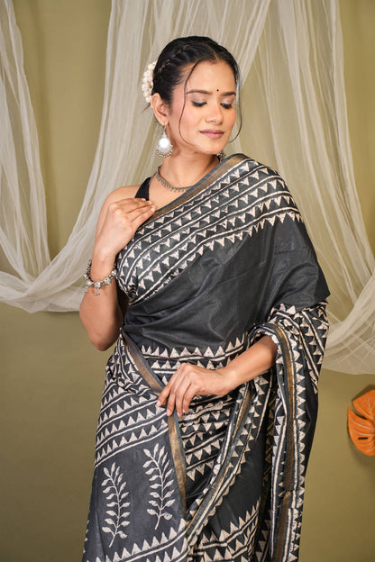 Anuttara Bhagalpuri Black Cotton Silk Geometric Saree with Unstitched Blouse_AFS1402-FS