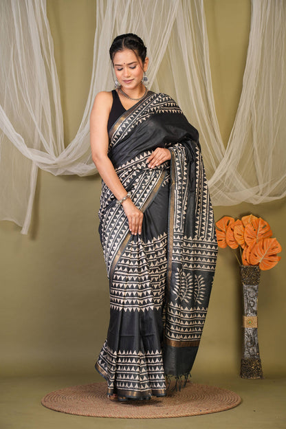 Anuttara Bhagalpuri Black Cotton Silk Geometric Saree with Unstitched Blouse_AFS1402-FS