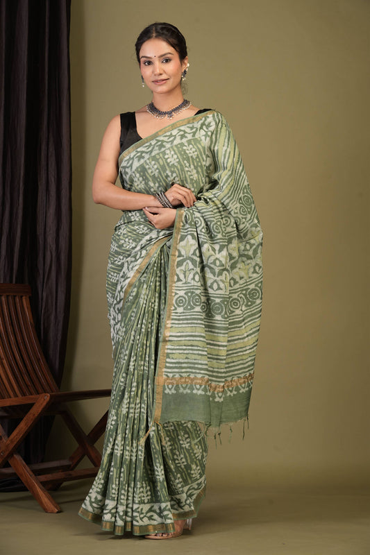 Anuttara Bhagalpuri Sage Green Cotton Silk Dabu Print (Hand Block) Saree with Unstitched Blouse_AFS1403-FS