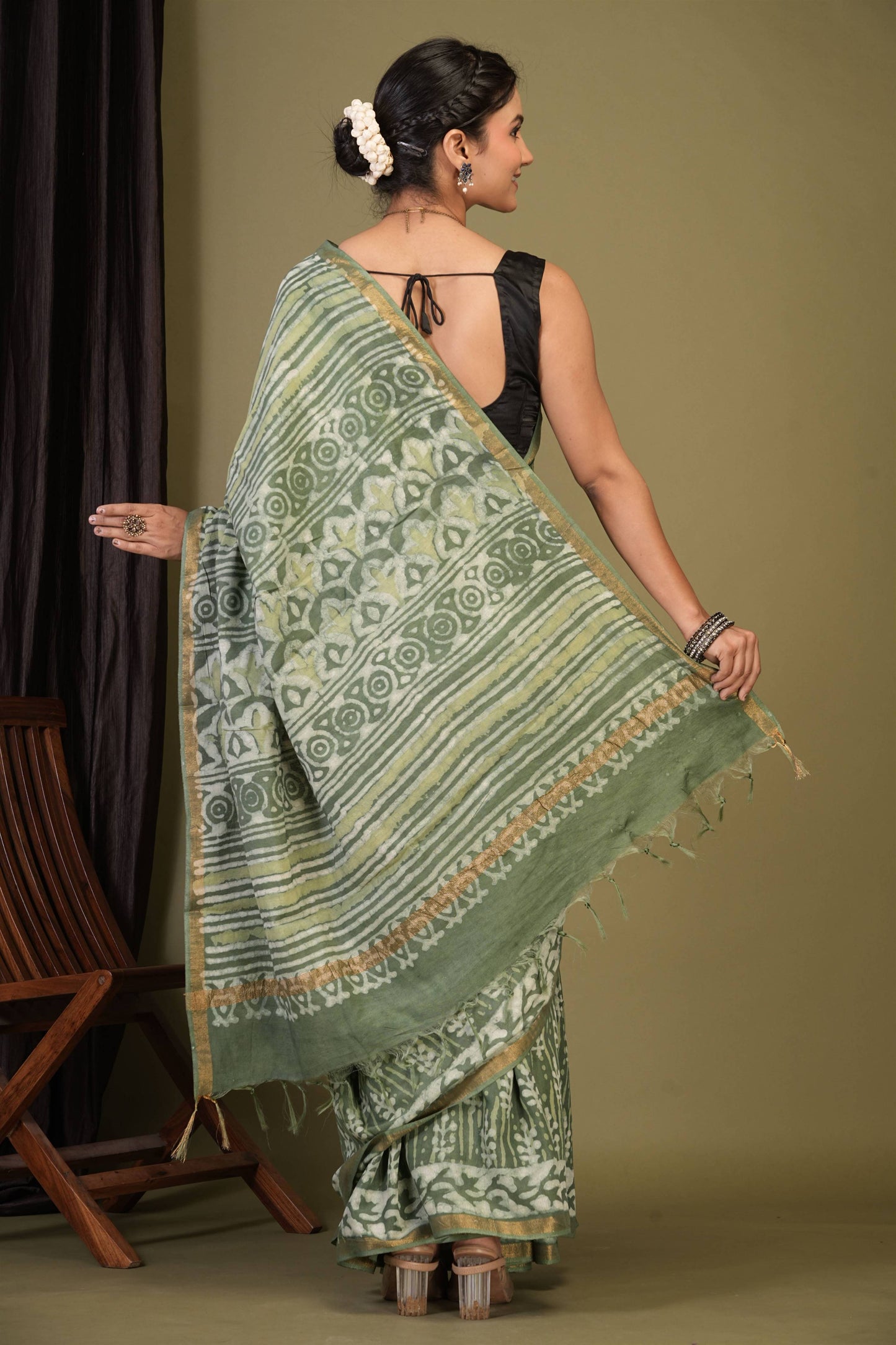 Anuttara Bhagalpuri Sage Green Cotton Silk Dabu Print (Hand Block) Saree with Unstitched Blouse_AFS1403-FS