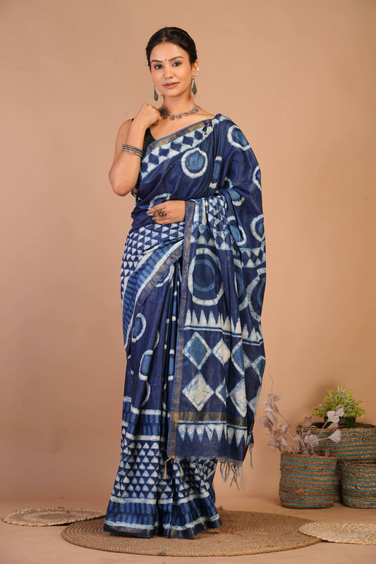 Anuttara Bhagalpuri Navy Blue Cotton Silk Dabu Print (Hand Block) Saree with Unstitched Blouse_AFS1404-FS