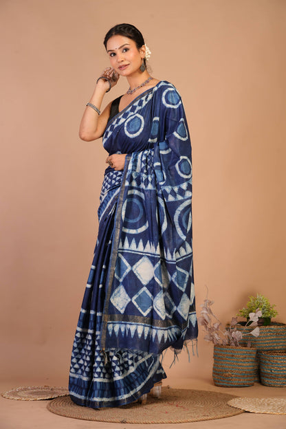 Anuttara Bhagalpuri Navy Blue Cotton Silk Dabu Print (Hand Block) Saree with Unstitched Blouse_AFS1404-FS