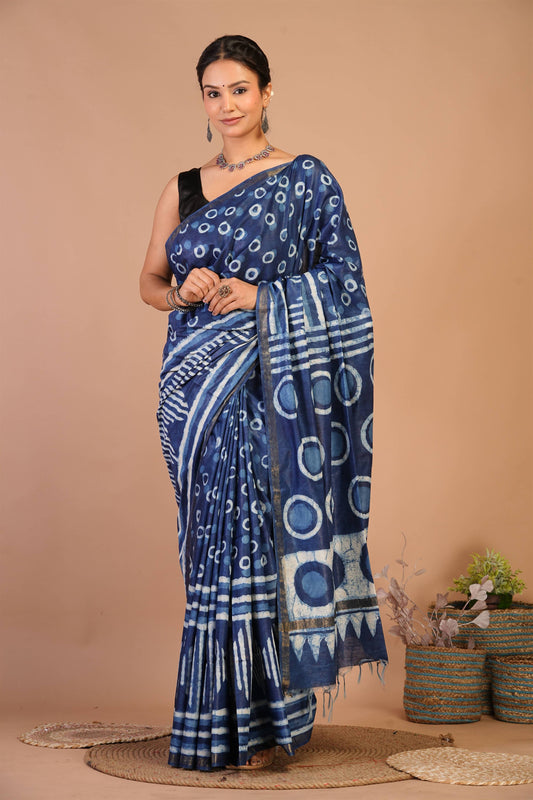 Anuttara Bhagalpuri Navy Blue Cotton Silk Dabu Print (Hand Block) Saree with Unstitched Blouse_AFS1405-FS