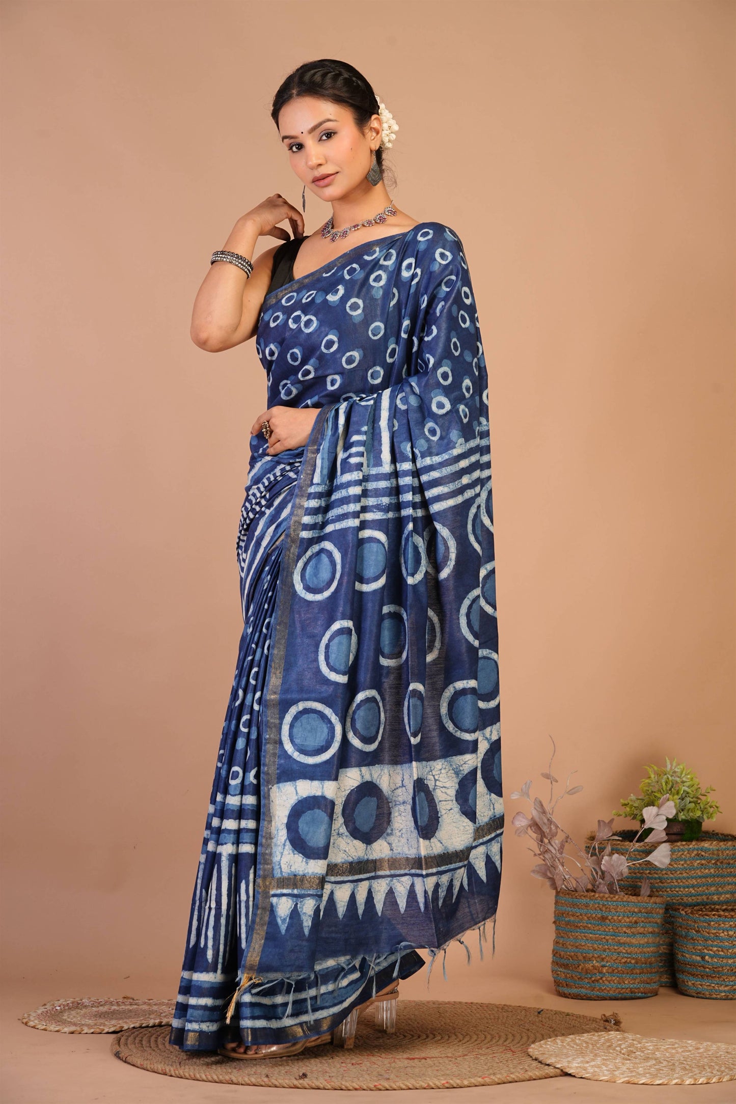 Anuttara Bhagalpuri Navy Blue Cotton Silk Dabu Print (Hand Block) Saree with Unstitched Blouse_AFS1405-FS