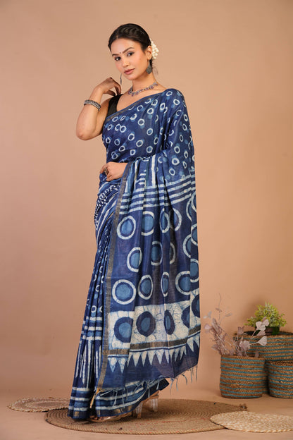 Anuttara Bhagalpuri Navy Blue Cotton Silk Dabu Print (Hand Block) Saree with Unstitched Blouse_AFS1405-FS