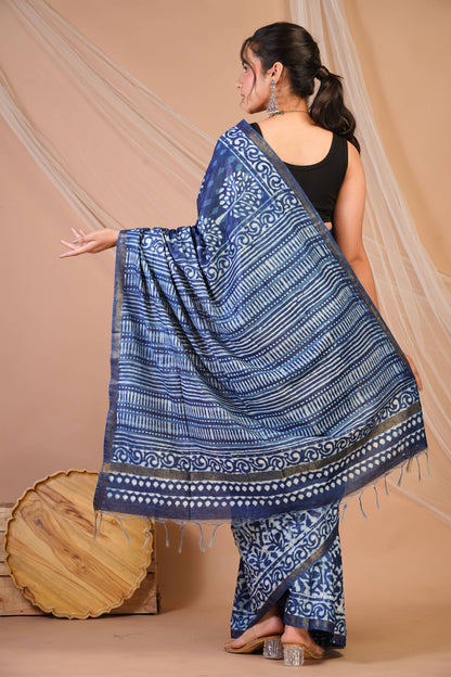 Anuttara Bhagalpuri Navy Blue Cotton Silk Dabu Print (Hand Block) Saree with Unstitched Blouse_AFS1406-FS