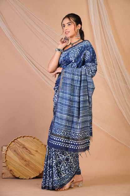 Anuttara Bhagalpuri Navy Blue Cotton Silk Dabu Print (Hand Block) Saree with Unstitched Blouse_AFS1406-FS