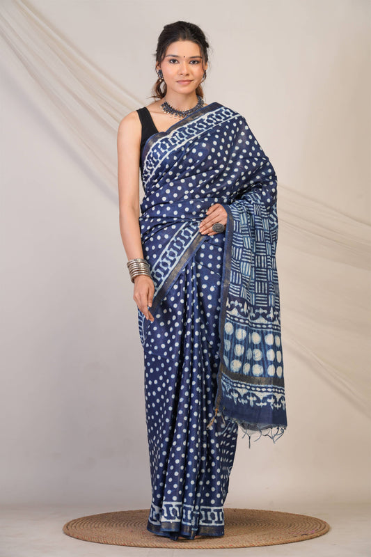 Anuttara Bhagalpuri Navy Blue Cotton Silk Dabu Print (Hand Block) Saree with Unstitched Blouse_AFS1407-FS