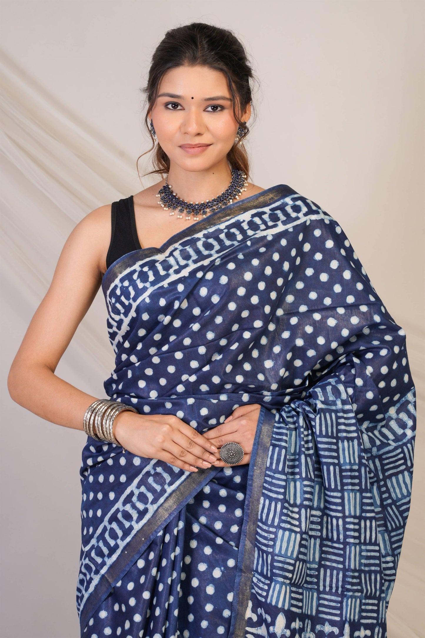 Anuttara Bhagalpuri Navy Blue Cotton Silk Dabu Print (Hand Block) Saree with Unstitched Blouse_AFS1407-FS
