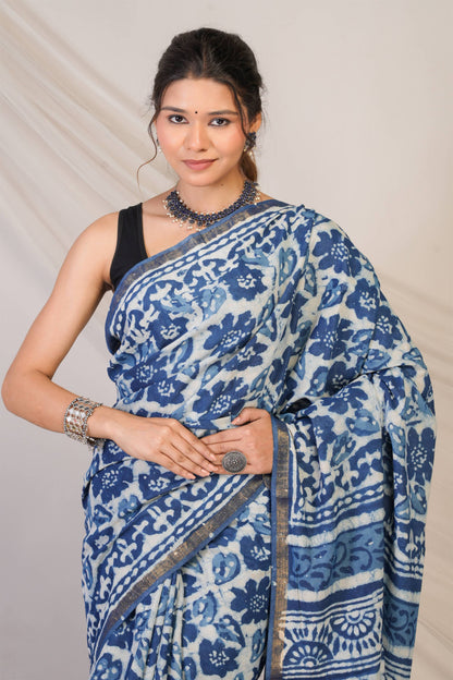 Anuttara Bhagalpuri Navy Blue Cotton Silk Dabu Print (Hand Block) Saree with Unstitched Blouse_AFS1408-FS