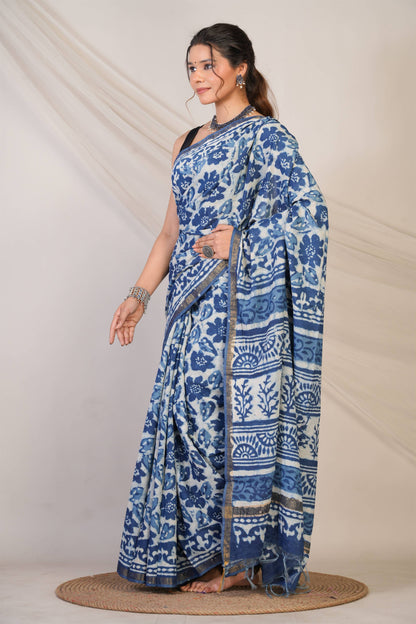 Anuttara Bhagalpuri Navy Blue Cotton Silk Dabu Print (Hand Block) Saree with Unstitched Blouse_AFS1408-FS
