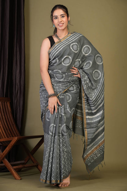 Anuttara Bhagalpuri Grey Cotton Silk Dabu Print (Hand Block) Saree with Unstitched Blouse_AFS1409-FS