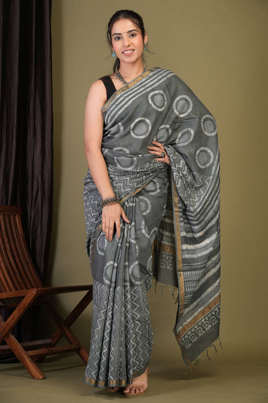 Anuttara Bhagalpuri Grey Cotton Silk Dabu Print (Hand Block) Saree with Unstitched Blouse_AFS1409-FS