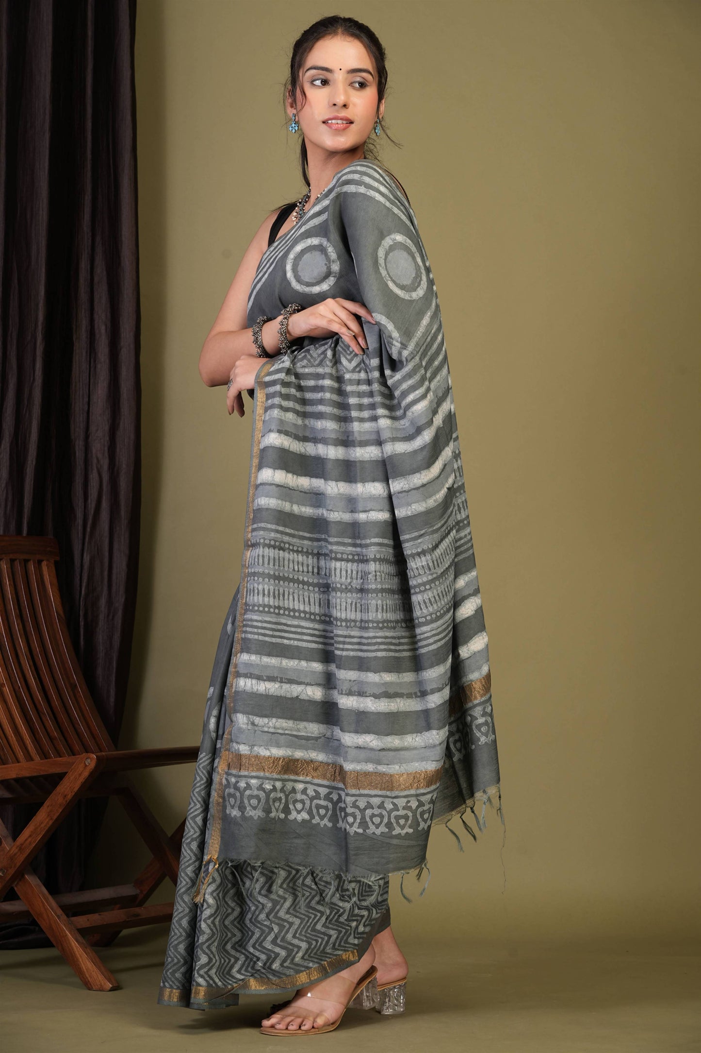 Anuttara Bhagalpuri Grey Cotton Silk Dabu Print (Hand Block) Saree with Unstitched Blouse_AFS1409-FS