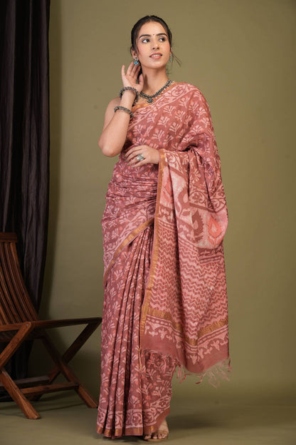 Anuttara Bhagalpuri Rouge Pink Cotton Silk Dabu Print (Hand Block) Saree with Unstitched Blouse_AFS1410-FS